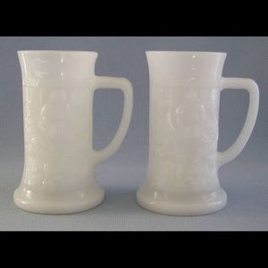 Vintage Federal White Milk Glass Beer Embossed Bar Pub Scene / Set of 2